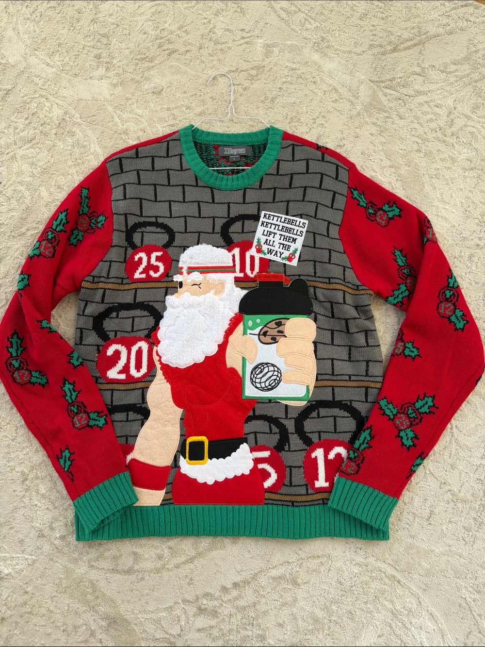 Men's Festive Santa Kettlebell Crewneck Sweater - Red & Gray Large